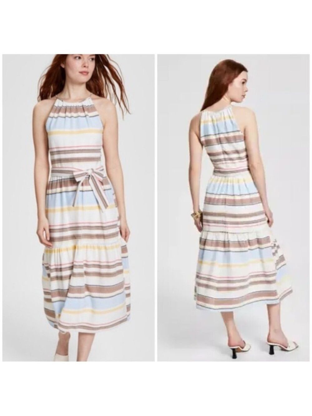Dkny Tan and Blue Halter Maxi Sundress lined, 100 cotton SZ 12
